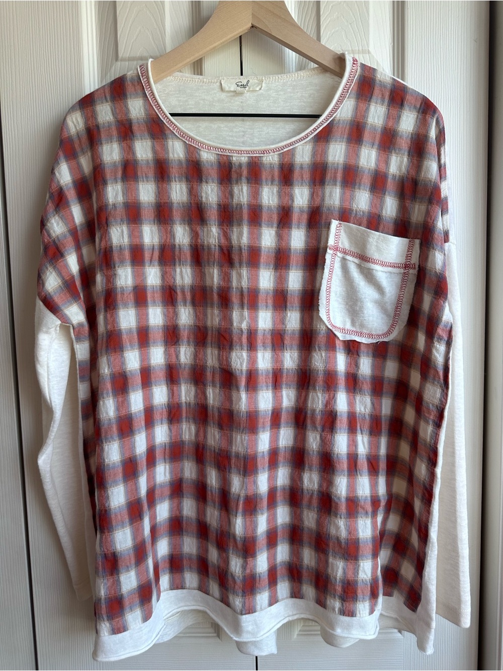 Easel CreamKnit and Plaid Top with Subtle Texture